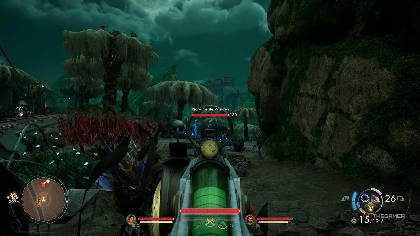 Aiming at the Protectorate Warden in The Outer Worlds 2.