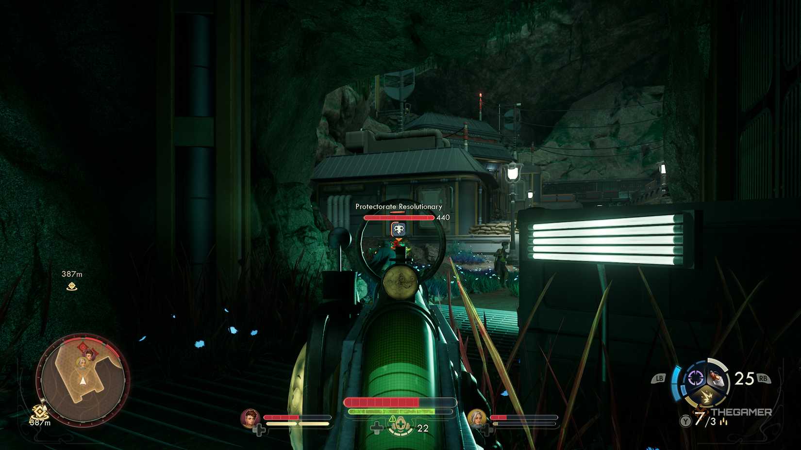 Aiming gun at an enemy in The Outer Worlds 2.