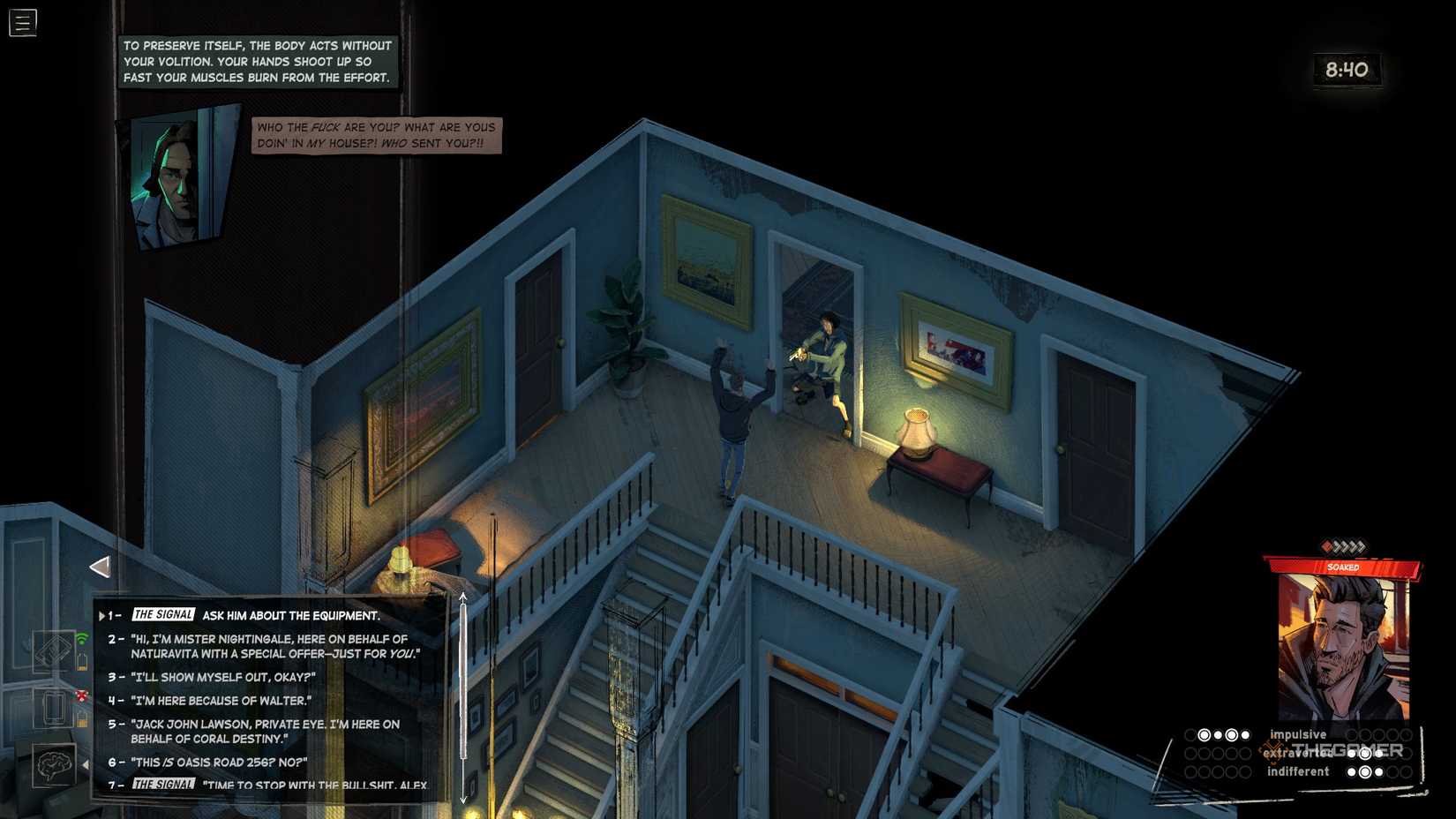 Alex Kay pointing a gun at Harrow in Rue Valley.