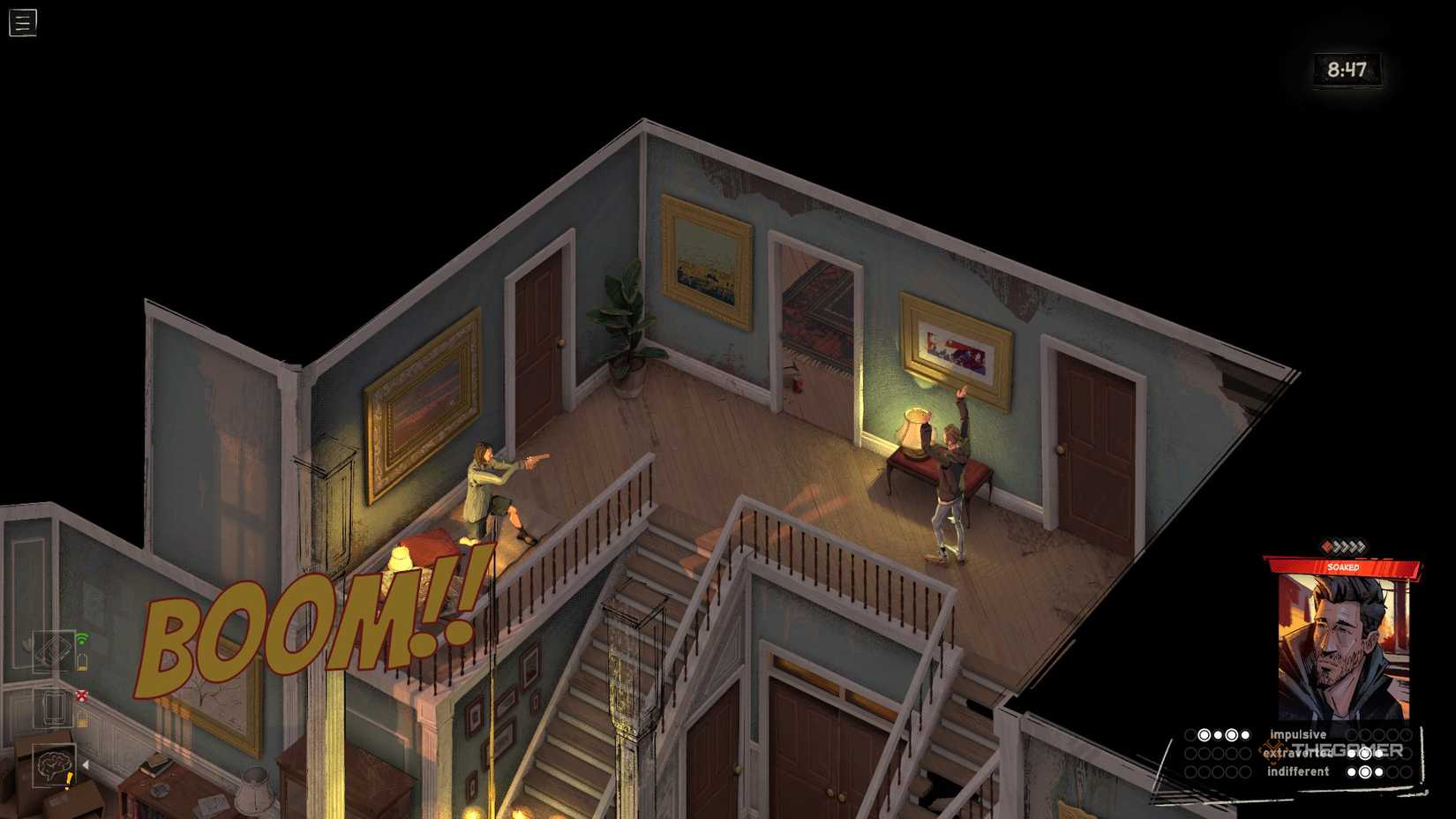 Alex pointing a gun at Harrow while the loop ends in Rue Valley.