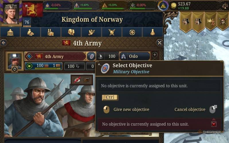 An army menu with the automatic objective button highlighted in Europa Universalis 5.