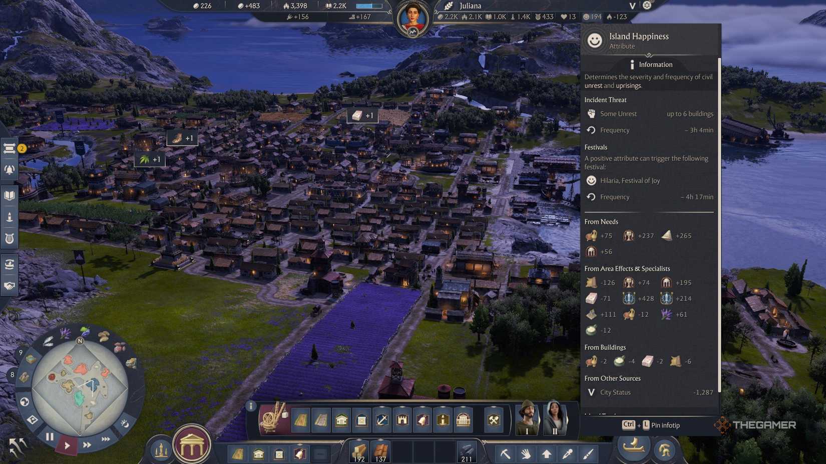 Anno 117 Happiness menu showing different effects.