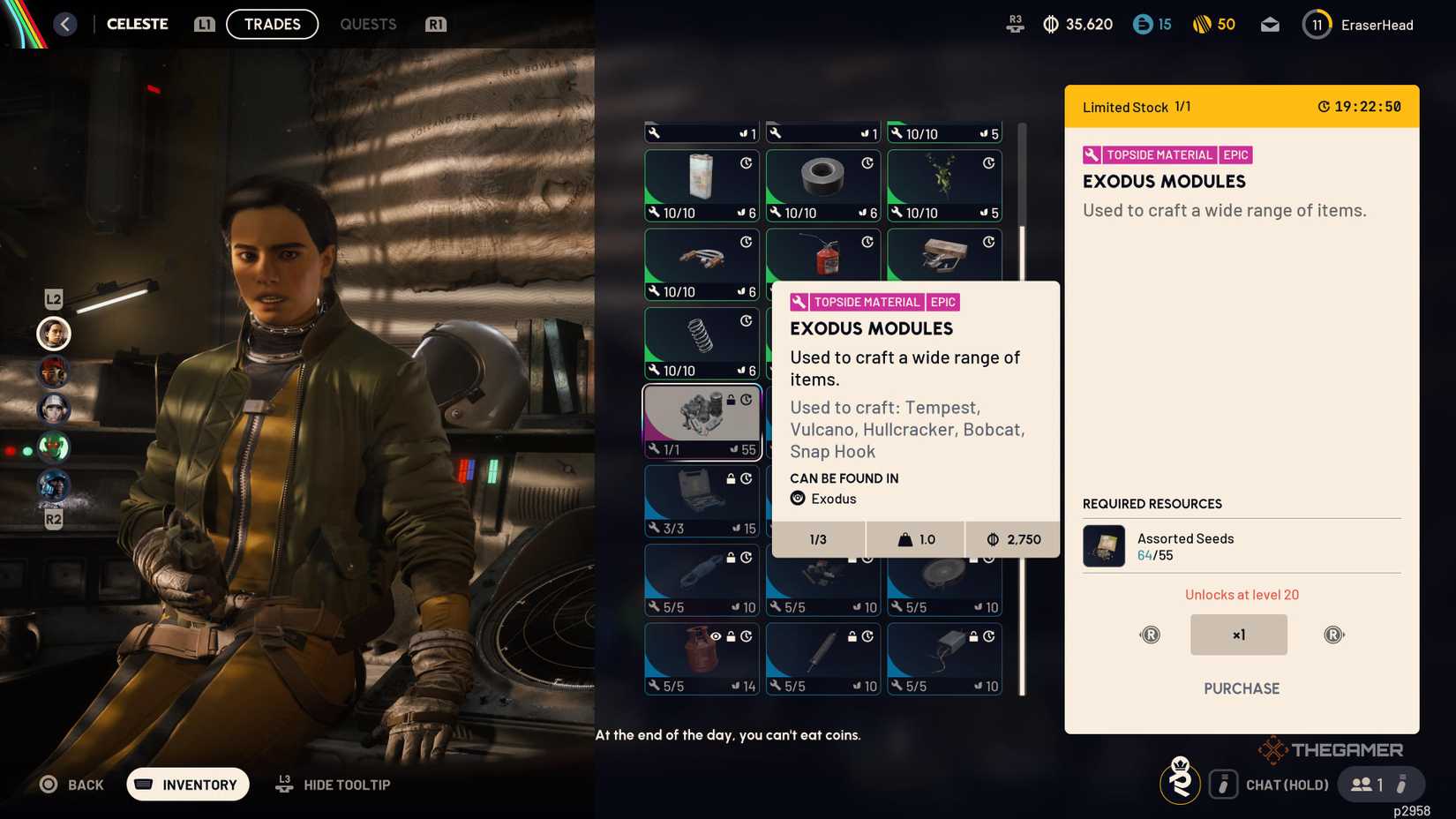 Celeste's shop, highlighting Exodus Modules, in Arc Raiders.
