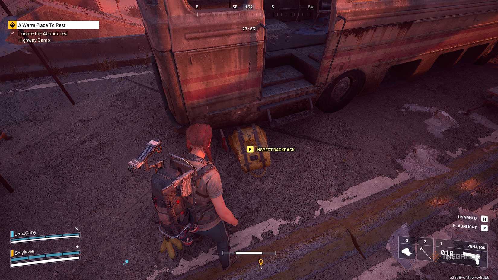 ARC Raiders in the buried city, examining a backpack.