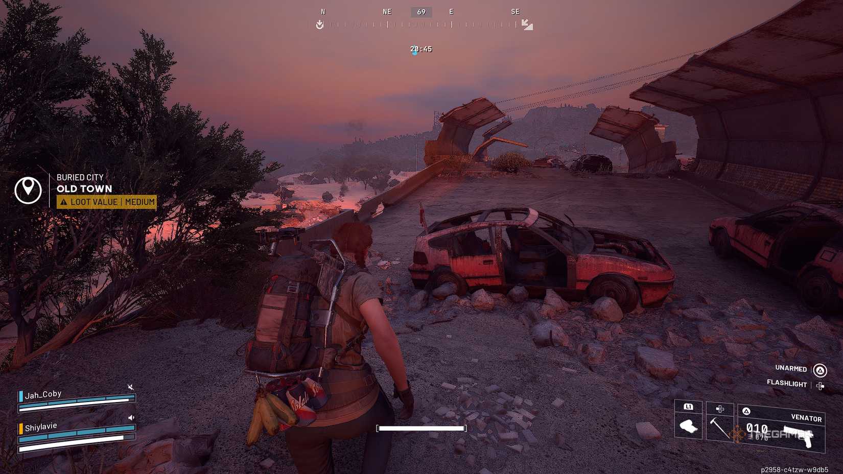 ARC Raiders in the buried city, following a trail of red ribbons on cars.