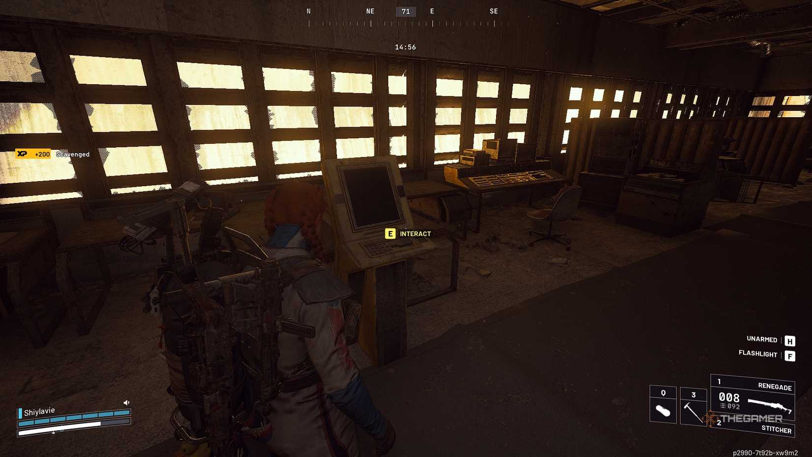 ARC Raiders Inside the north trench tower at the spaceport, interacting with a computer.