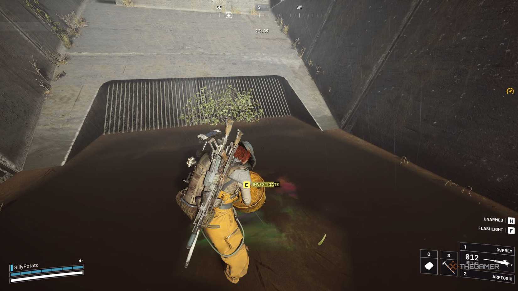 Arc Raiders investigating the object in the flood spill intake.