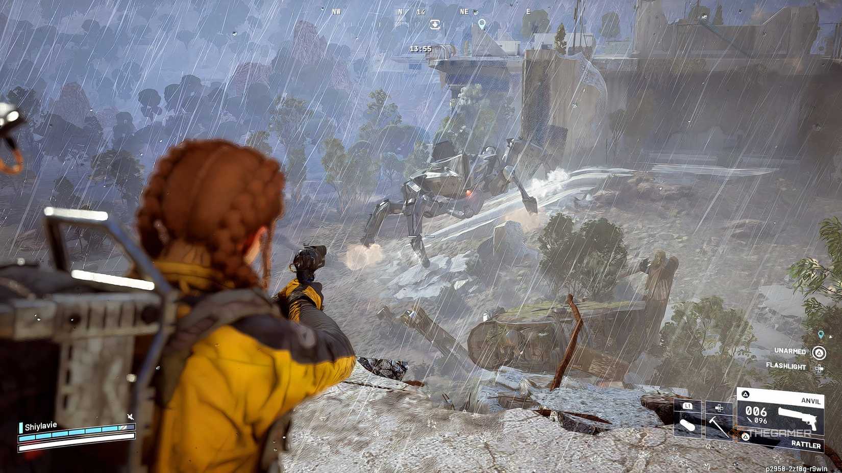 ARC Raiders Pointing a gun at the Matriarch in the rain.