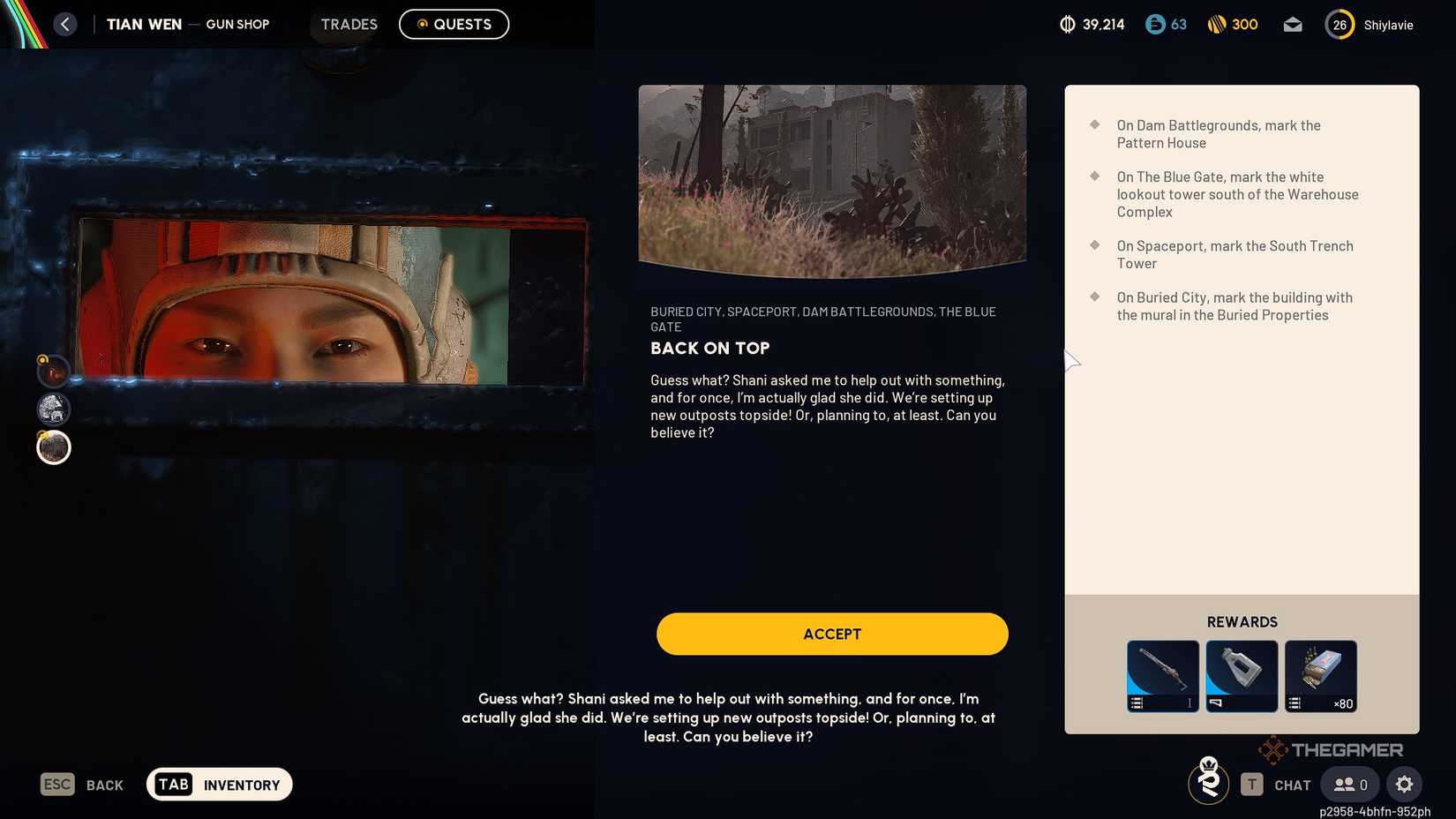 ARC Raiders Tian Wen asking you to help tag outposts topside.