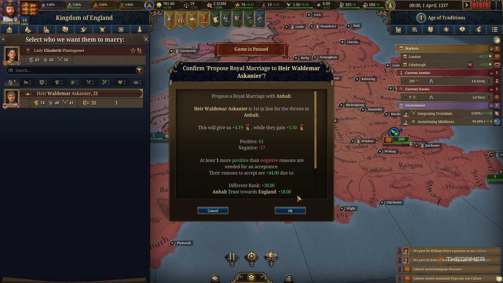Arranging a royal marriage for Prestige in Europa Universalis 5.
