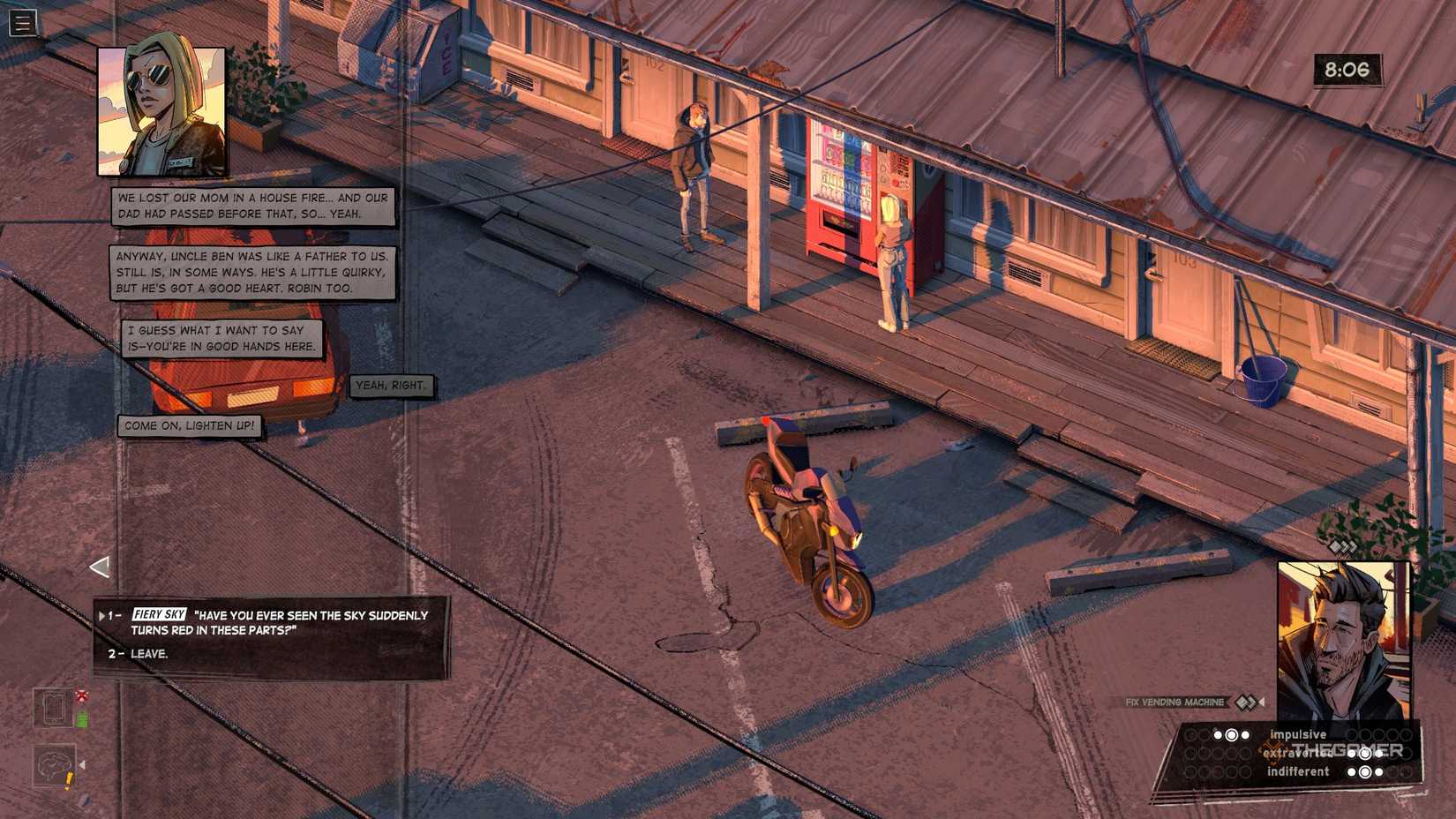 Asking Riley about the firey sky in Rue Valley.