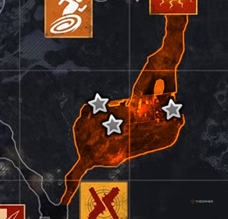 Black Ops 7 Ashes of the Damned close-up of the map, with three keys marked by stars on the way to Vandorn Farm.