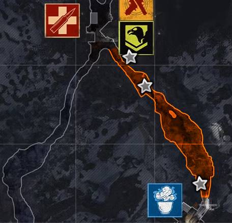 Black Ops 7 Ashes of the Damned close-up of the map, with three keys marked by stars.