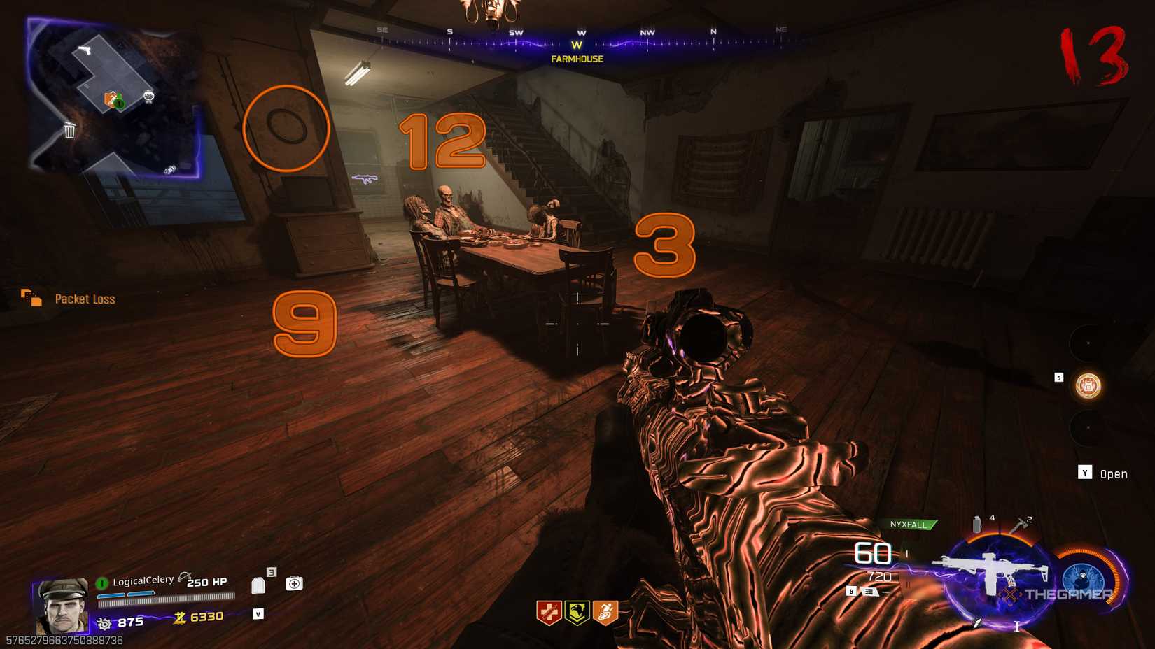 Black Ops 7 player in a farmhouse looking at a dinner table of corpses, with a clock highlighted by an orange circle, and the numbers 3, 9, and 12 located around the table.