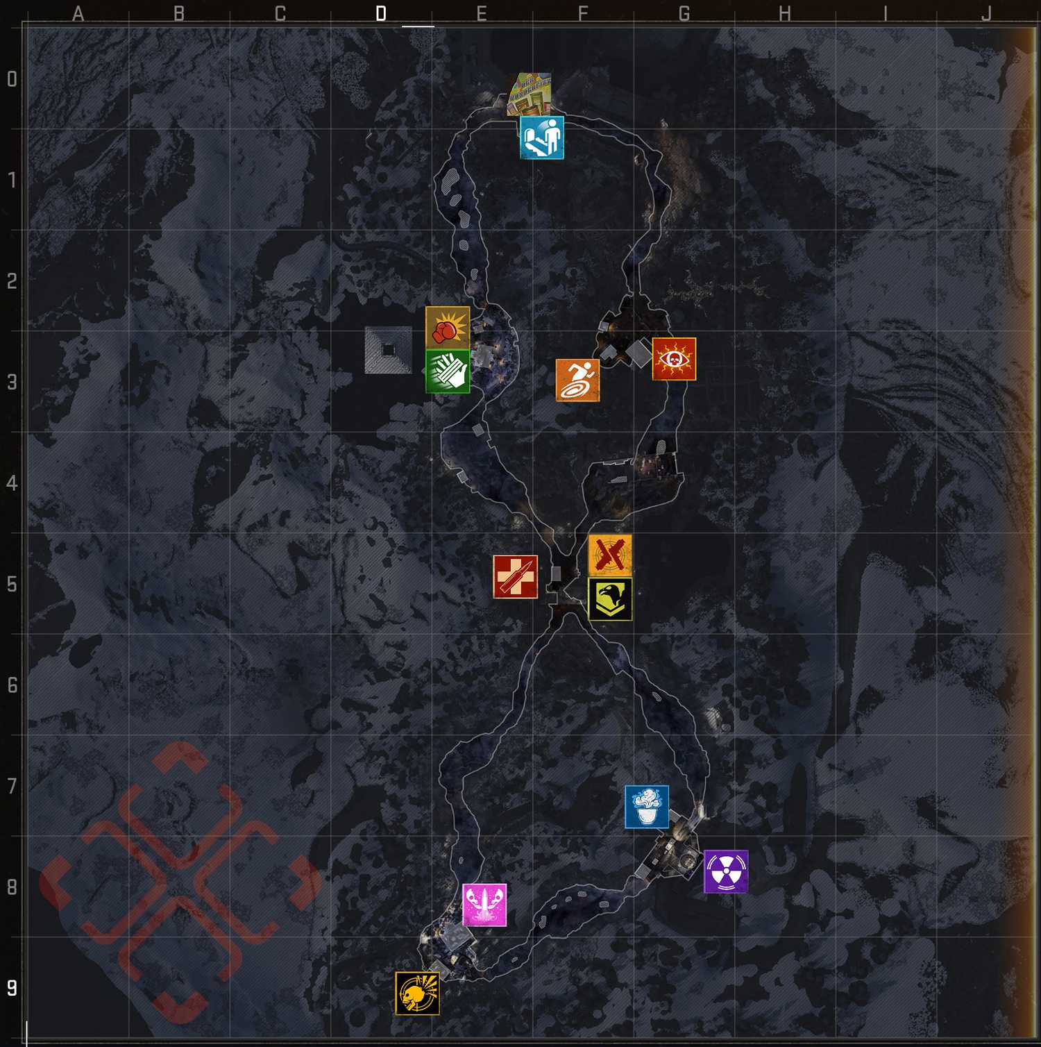 Black Ops 7 Zombies Ashes of the Damned map with all perk icons marked at their corresponding locations.