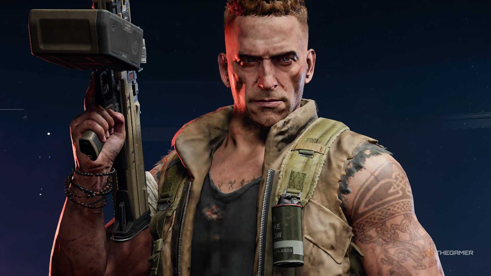 Black Ops 7 Zombies Dempsey holding an LMG over a blue background.