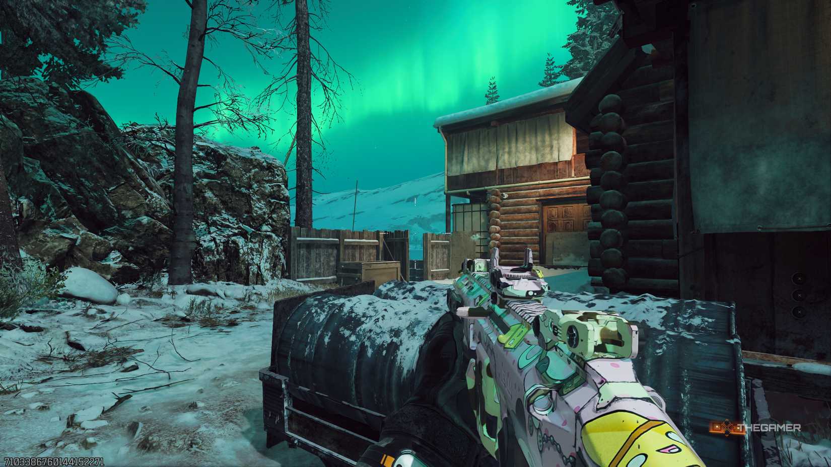 Looking down a chokepoint with a fully kitted out Dravec 45 complete with the Kawaii Prestige Camouflage on the Homestead map in Call of Duty: Black Ops 7.