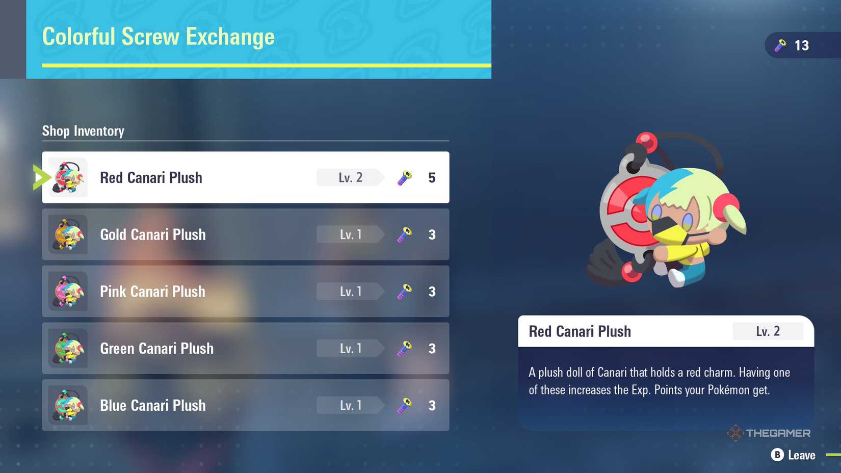 Canari Screw Exchange menu in Pokemon Legends Z-A.