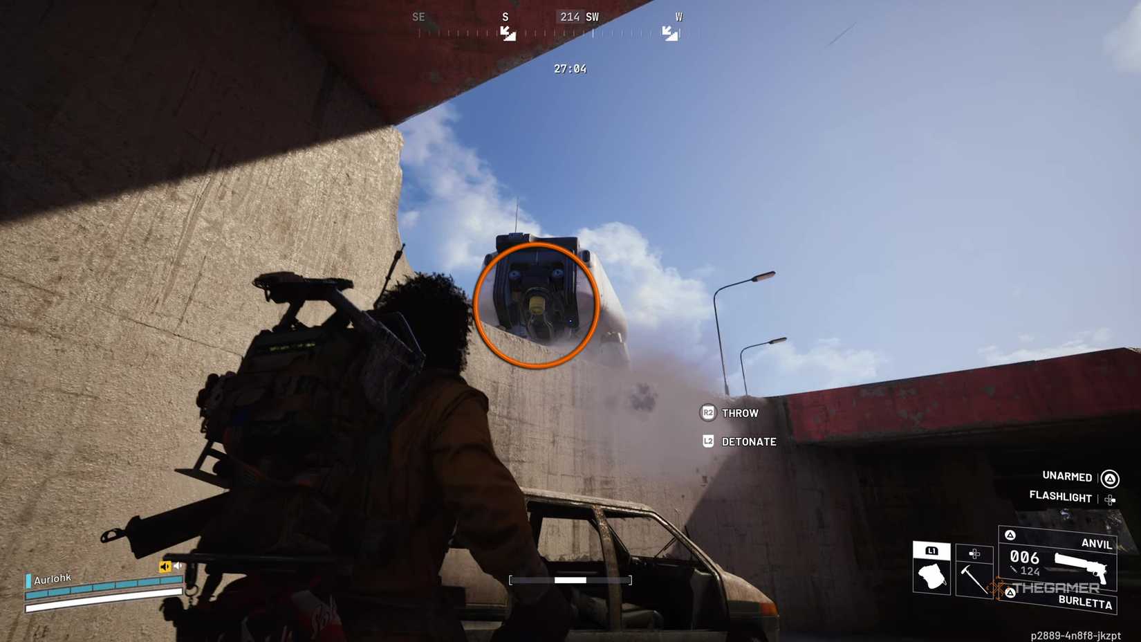 Player Raider about to aim at a yellow canister on a Bombardier that has an orange circle edited onto it in Arc Raiders.
