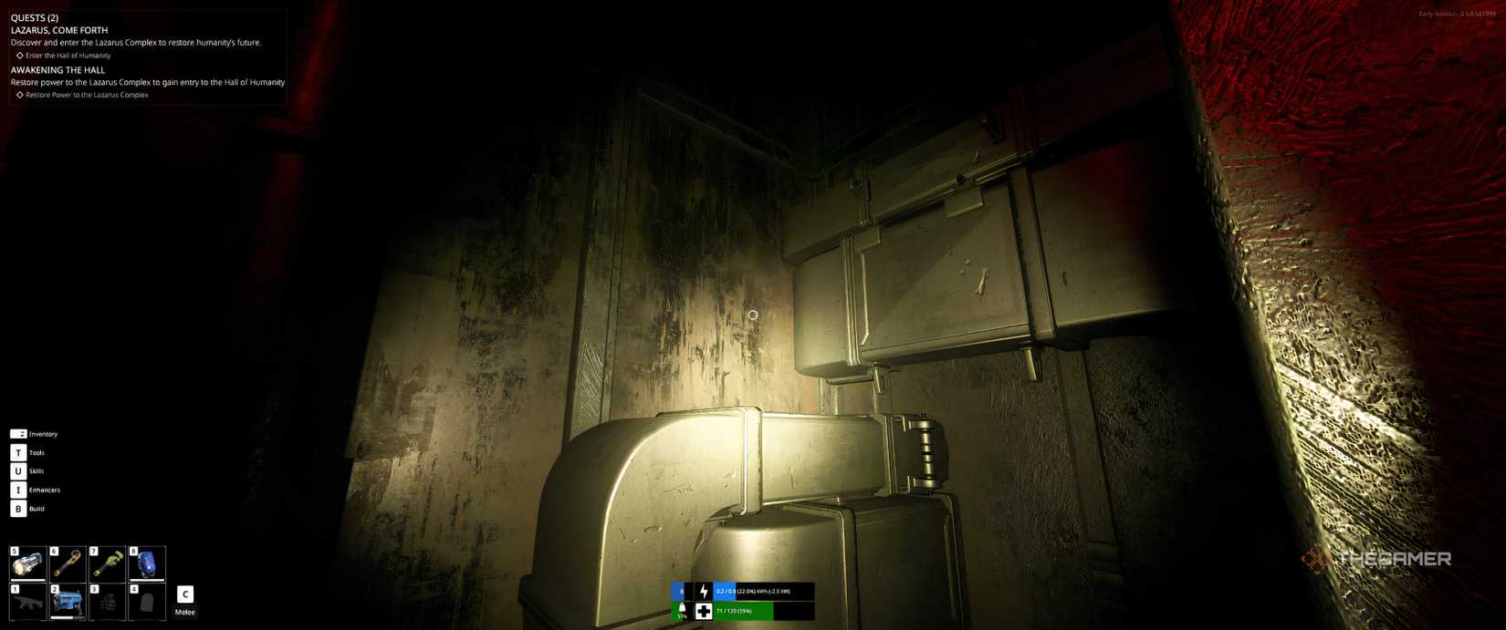 Close up of right angled pipes in the far corner in The Last Caretaker.