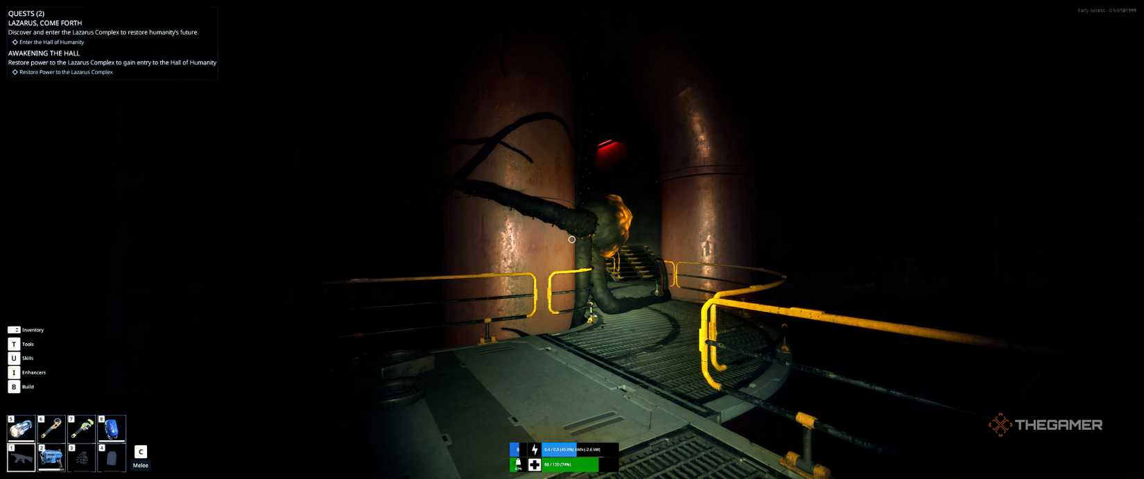 Cocoon at the top of the stairs with mechs inside in The Last Caretaker.