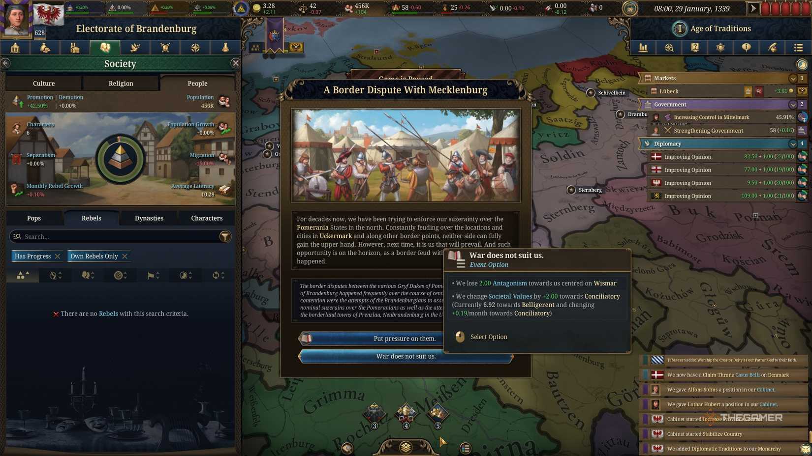 Declining a war dispute to lower Antagonism in Europa Universalis 5.