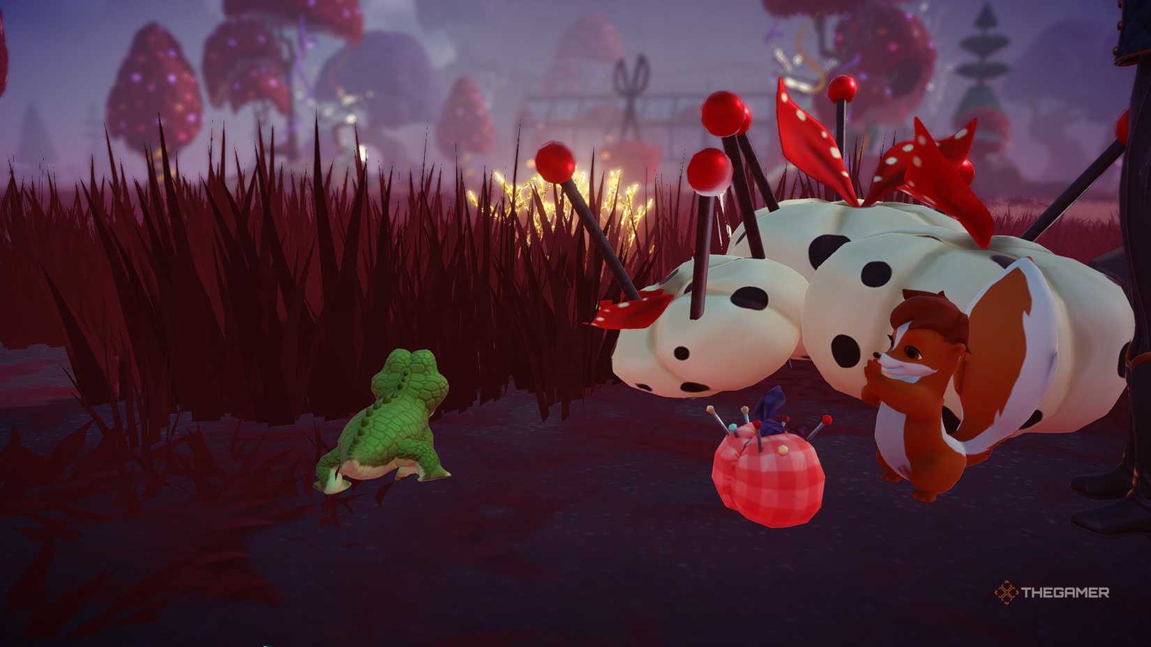 Disney Dreamlight Valley A brown skunk hapily eating a pincushion peach.