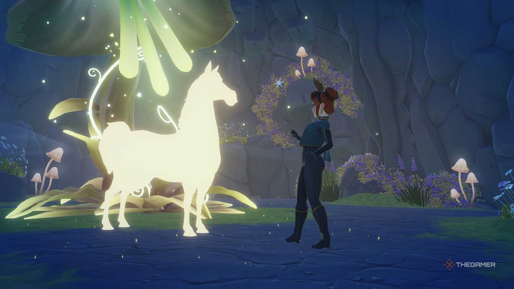 Disney Dreamlight Valley Avatar surprised in front of a golden silhouette of a horse.