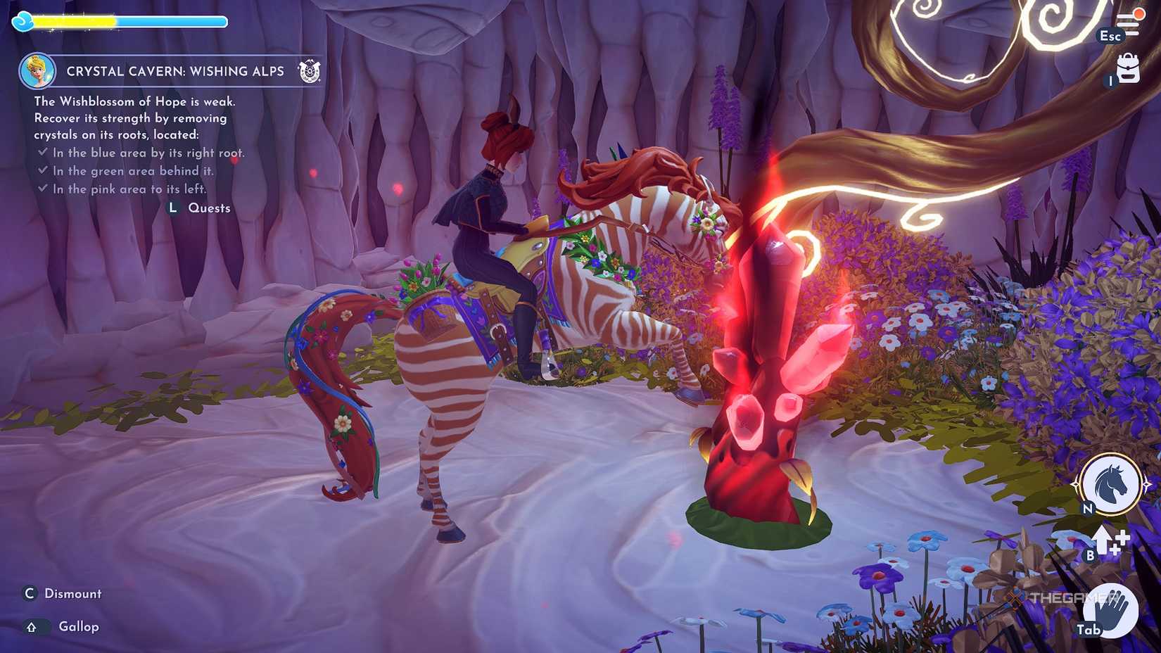 Disney Dreamlight Valley Breaking a dark red crystal on horseback.