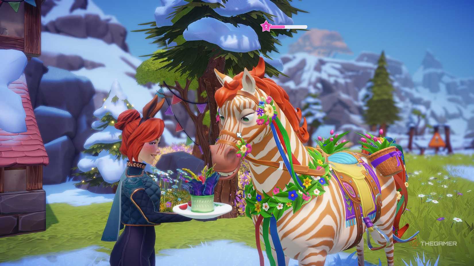 Disney Dreamlight Valley feeding a horse a salad.