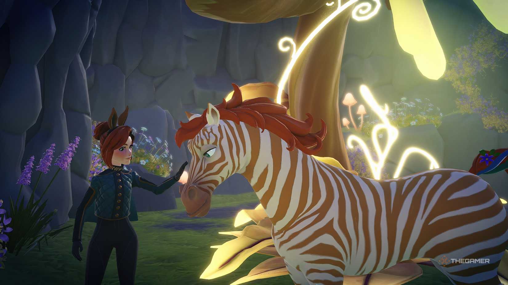Disney Dreamlight Valley Petting a ginger zebra.