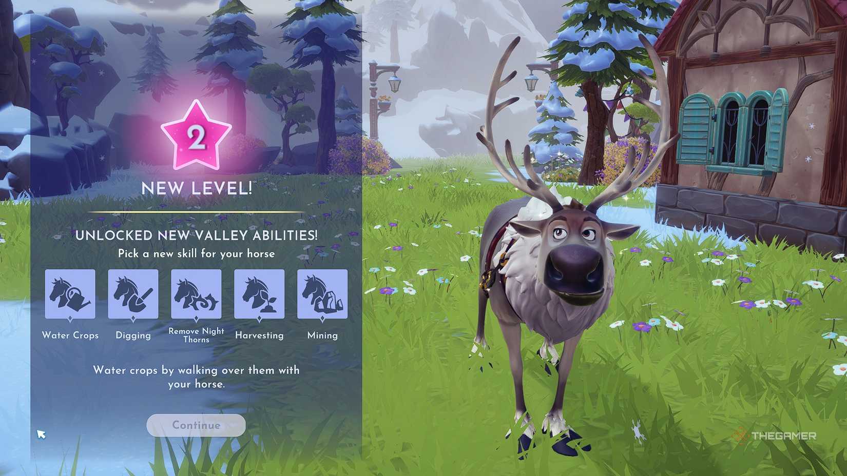 Disney Dreamlight Valley reaching level 2 with Sven the reindeer.