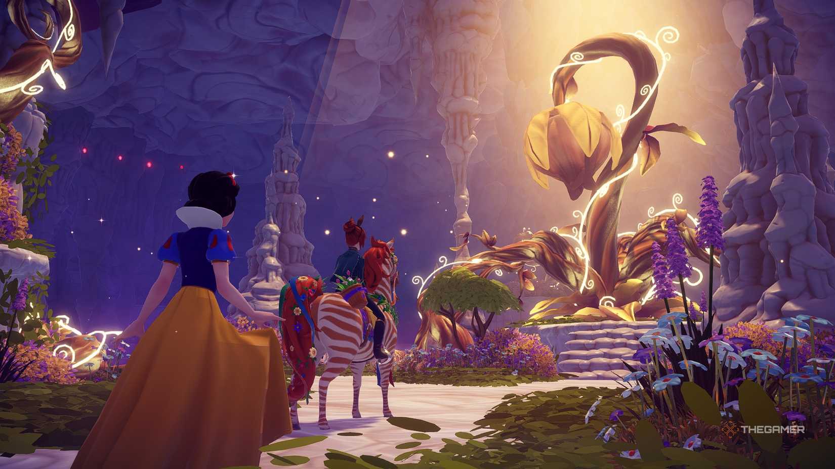 Disney Dreamlight Valley Snow White and the avatar approaching a giant golden flower in a cave.
