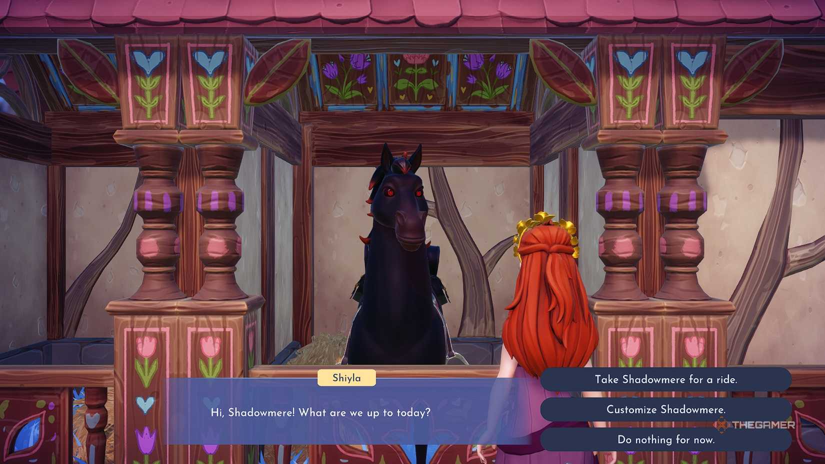 Disney Dreamlight Valley talking to an all black horse with red eyes named Shadowmere.