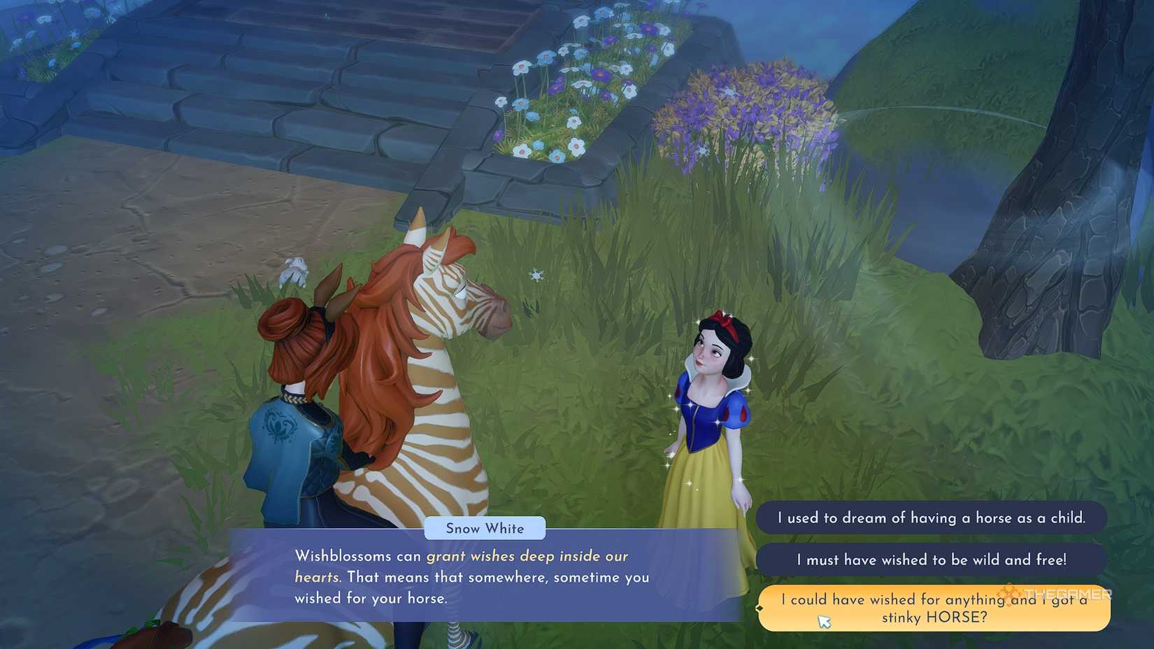 Disney Dreamlight Valley Talking to Snow White about Wishes and horses.