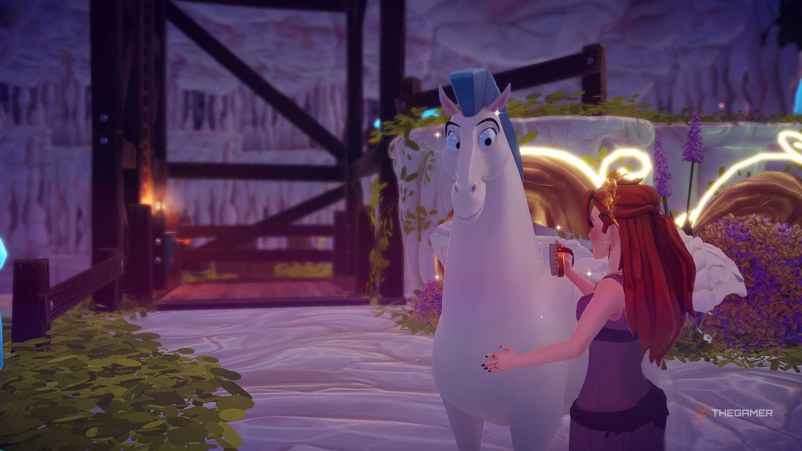 Disney Dreamlight Valley the Avatar brushing pegasus in a cavern.