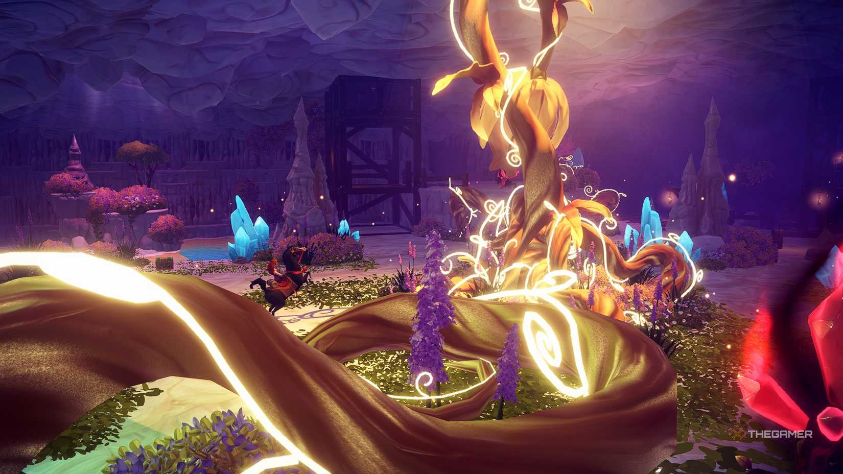 Disney Dreamlight Valley The avatar riding Khan into a cavern with the Dream Wishblossom.