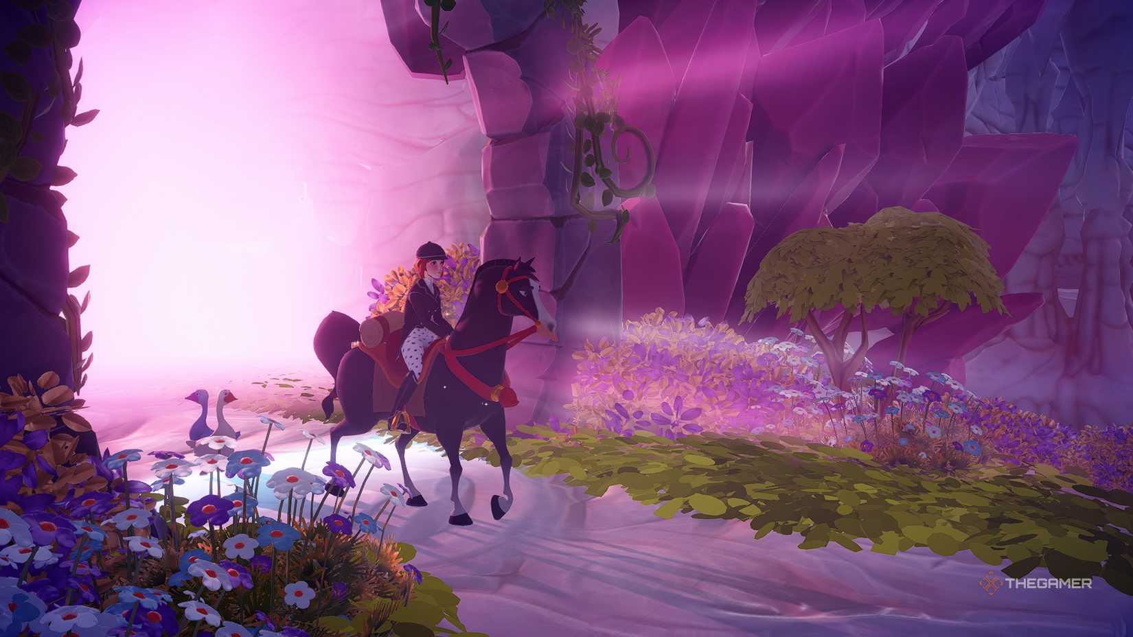 Disney Dreamlight Valley The avatar riding Khan out of a pink cavern.