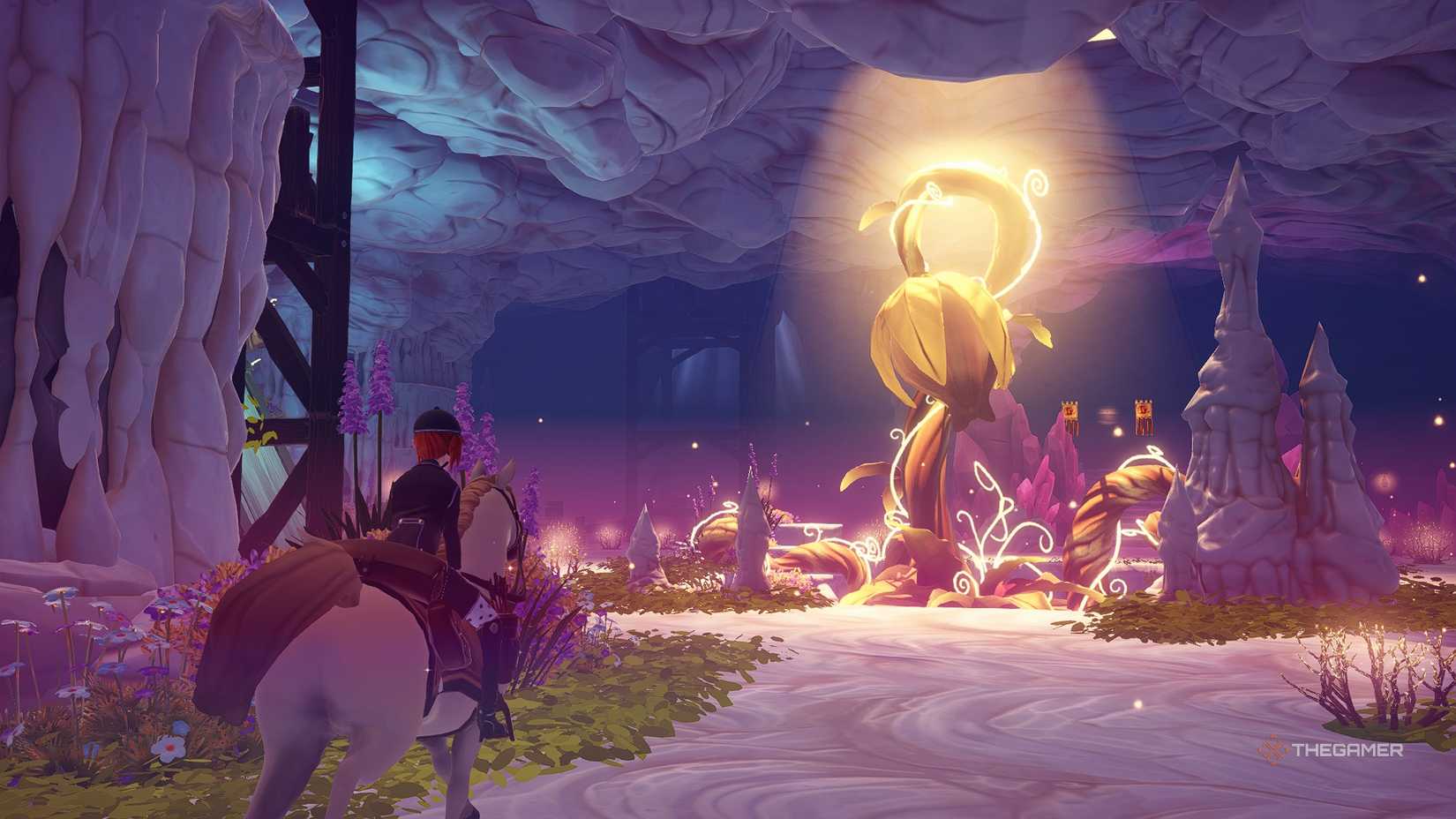 Disney Dreamlight Valley The avatar riding Maximus into a cave with the Ambition Wishblossom.