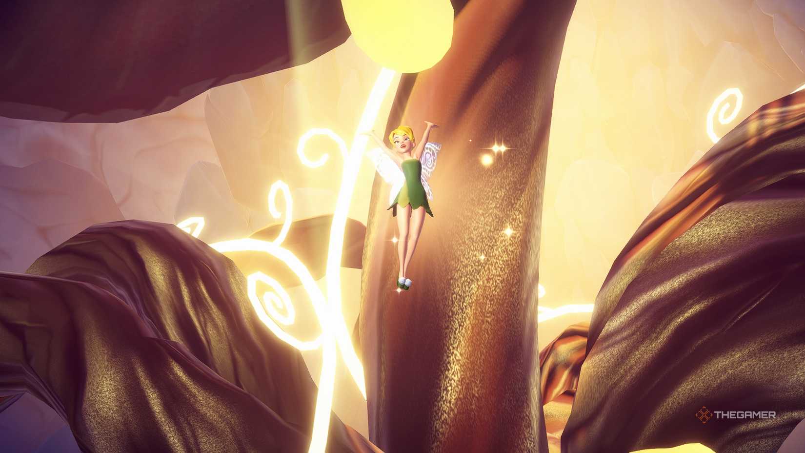 Disney Dreamlight Valley Tinker Bell posing in front of a giant golden flower.