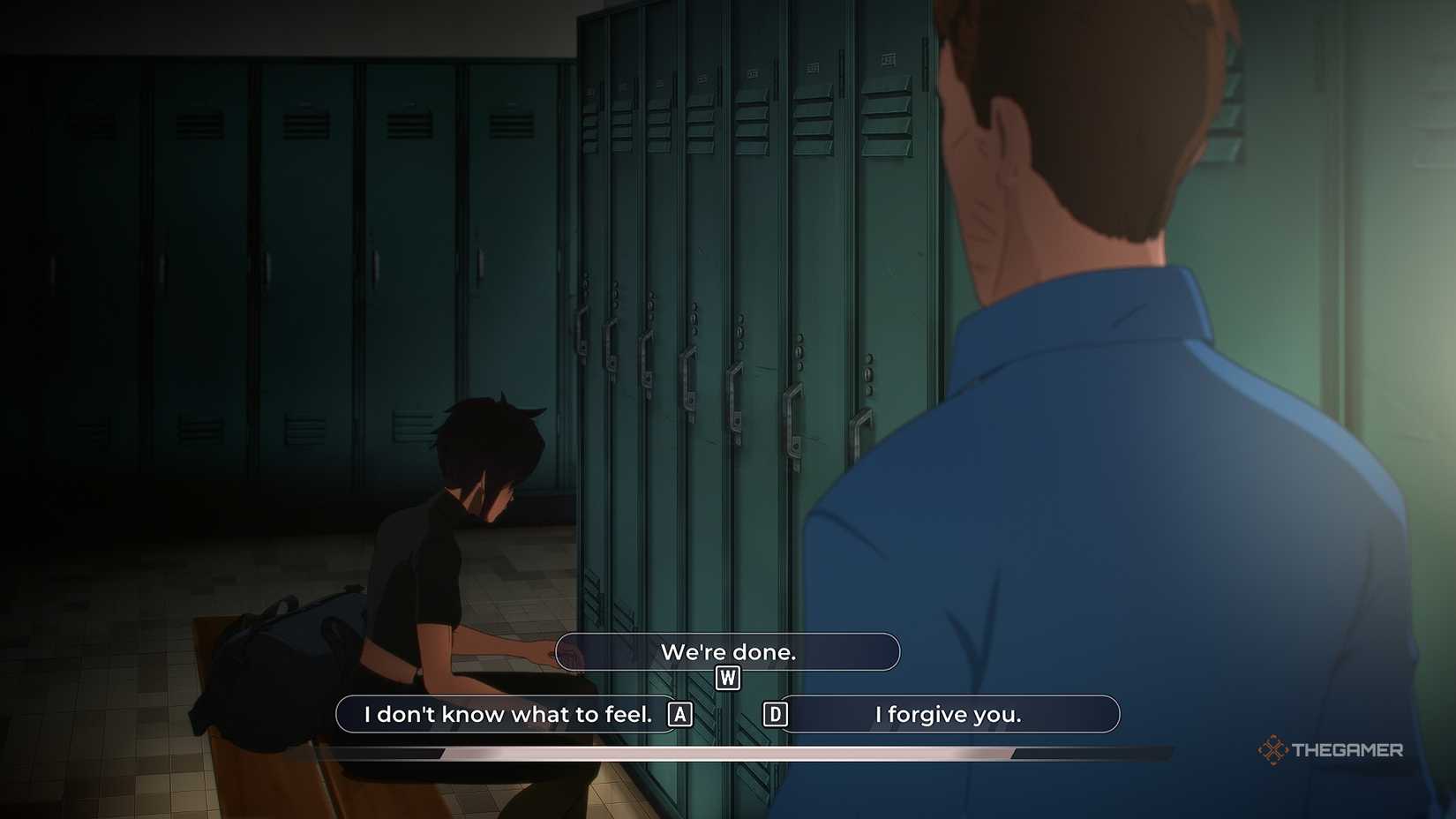 Dispatch Invisigal sitting on a bench looking down in the lockerroom with Robert having to choose whether he forgives her or not.