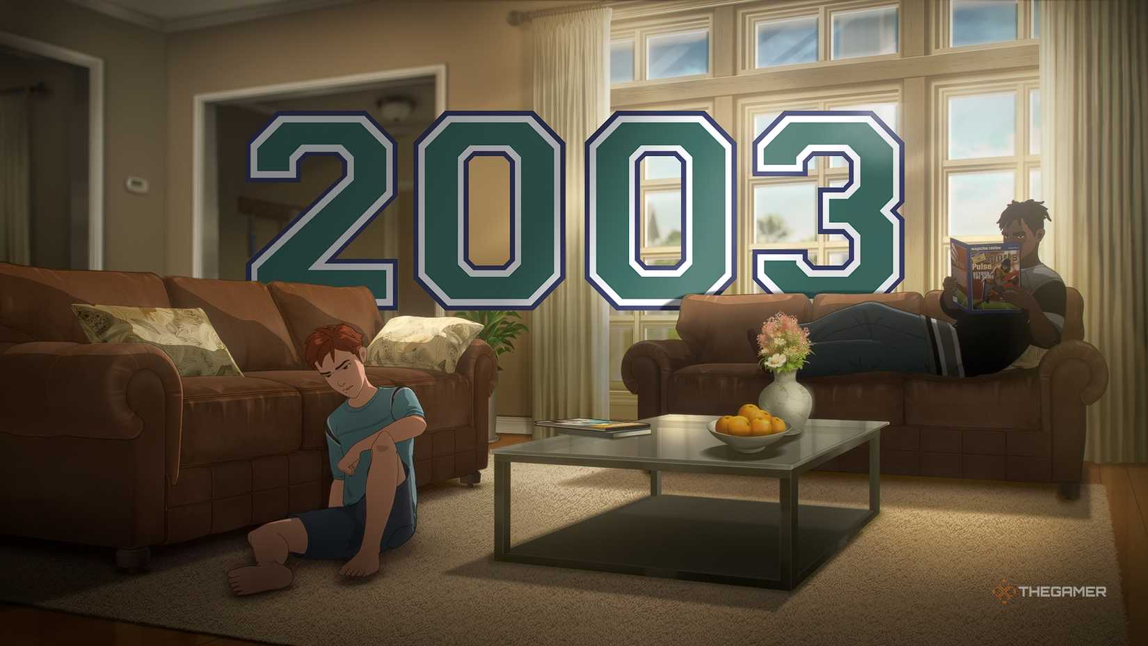 Dispatch Robert sitting on the living room floor with Chase reading on the sofa while 2003 is displayed in large letters in the background.