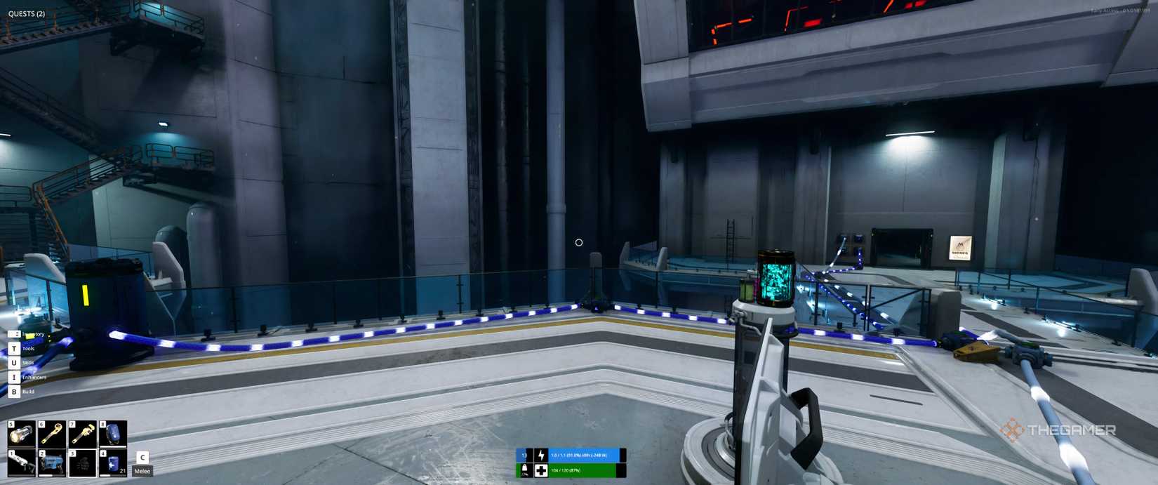 Electricity and water running down from lazarus pod to door on the left in The Last Caretaker.