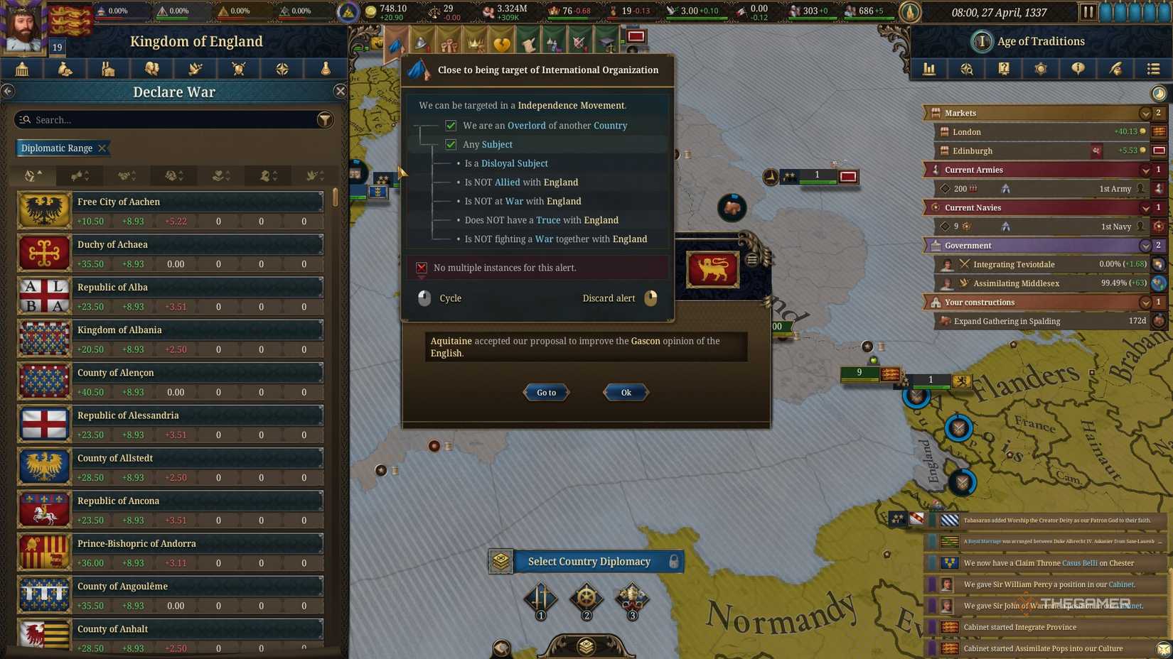 England being close to having a coalition declared against it in Europa Universalis 5.