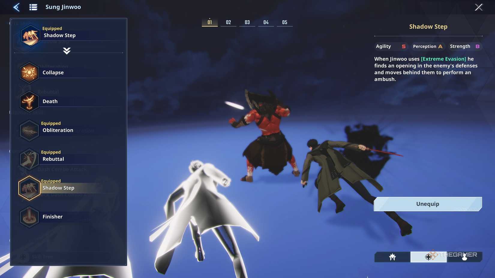 Equipping Shadow Step for Duelist Sung Jinwoo in Solo Leveling Arise Overdrive.