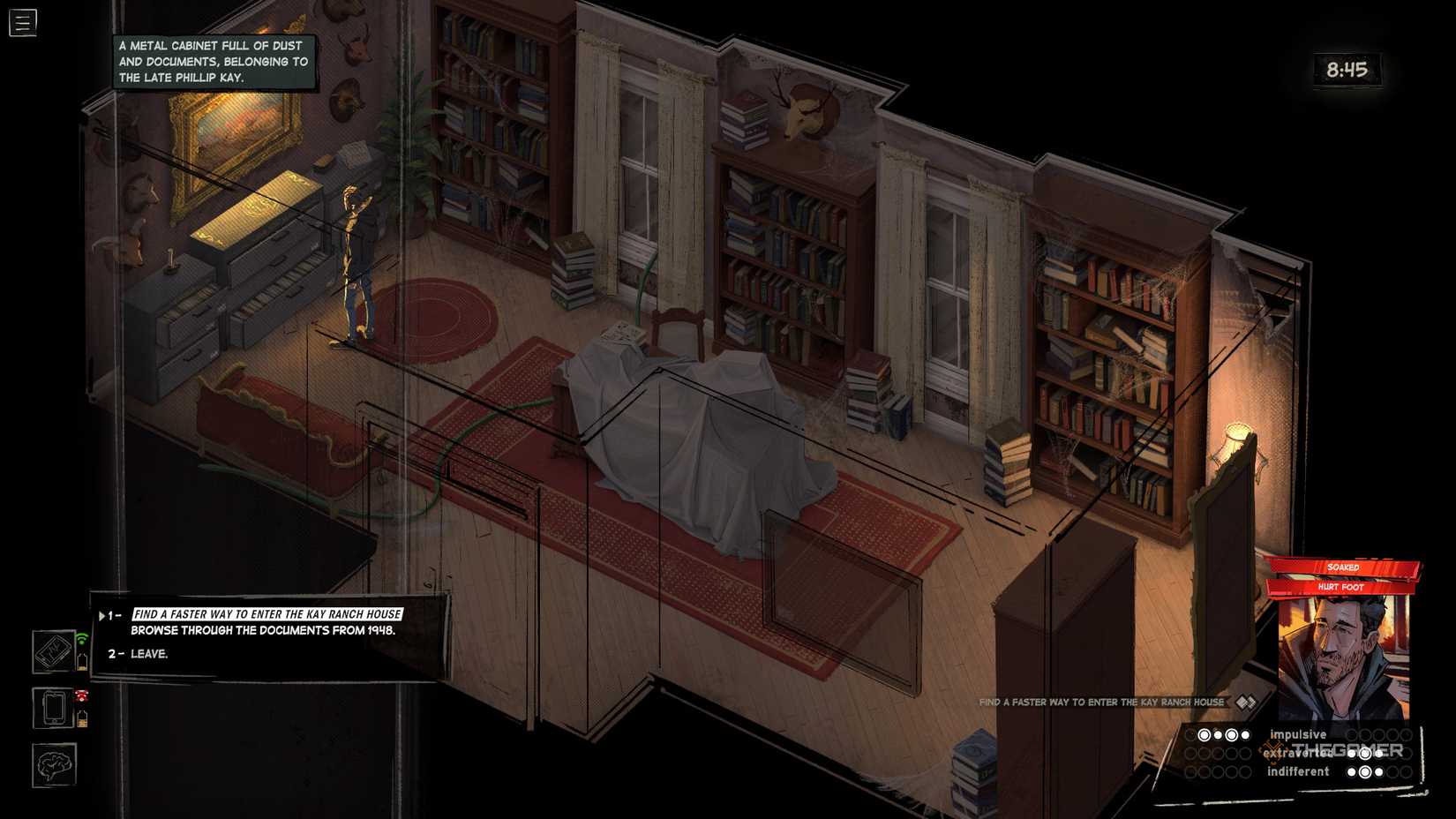 Examining the filing cabinets in the Kay house in Rue Valley.