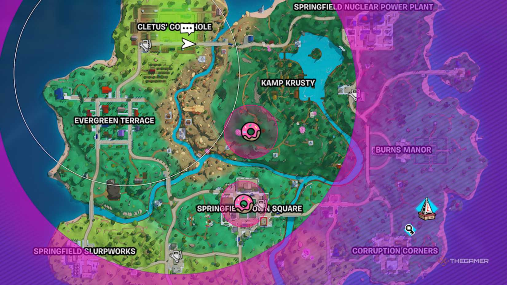 Fortnite Chapter 6 the Simpsons Map showing the Donut Storm locations.