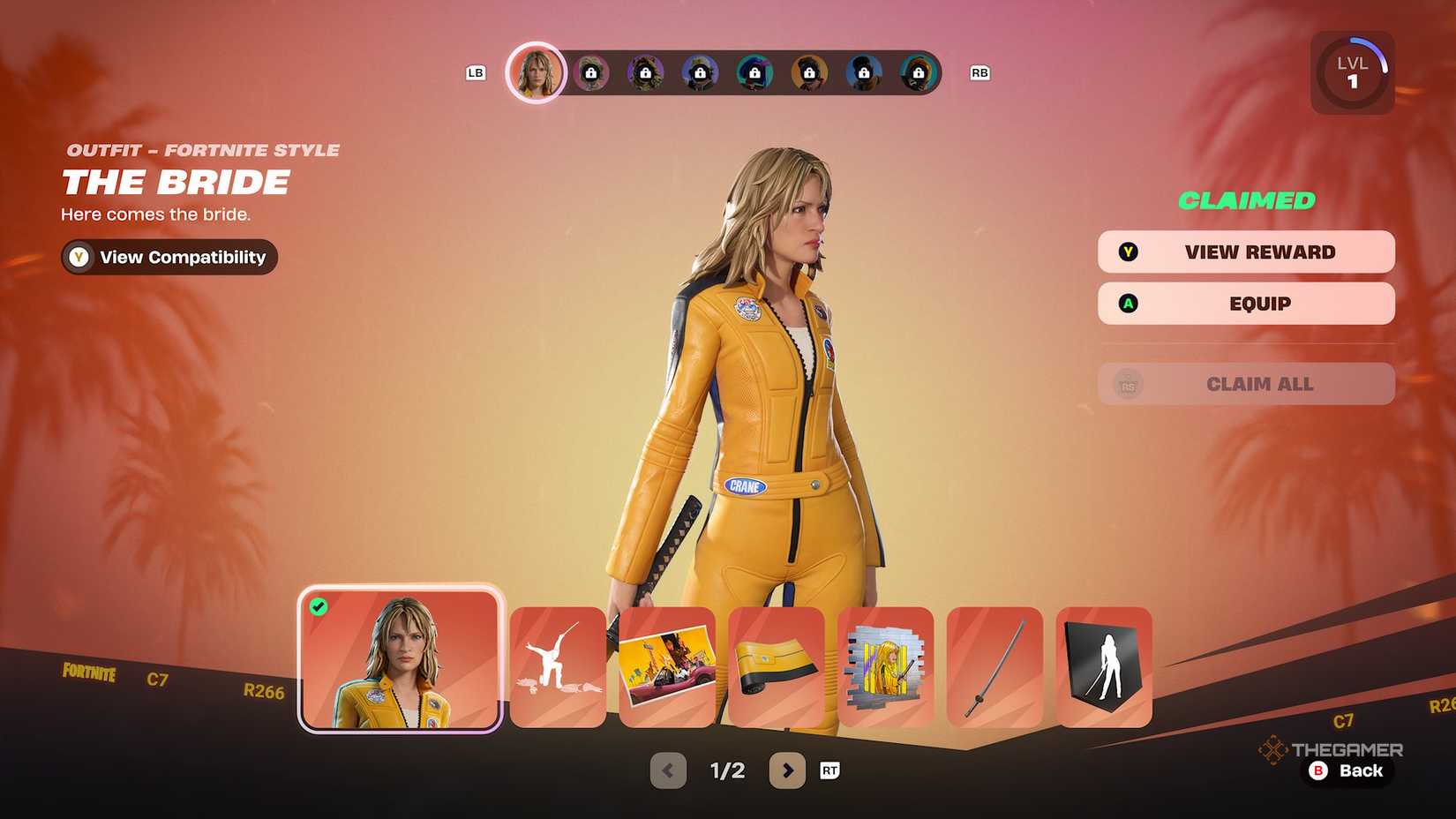 Fortnite Chapter 7 Season 1 Battle Pass rewards page one.