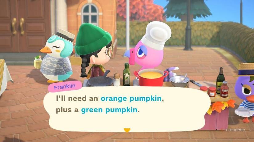 Franklin asking for orange and green pumpkins for Turkey Day in Animal Crossing New Horizons.