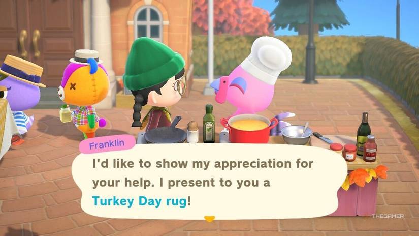 Franklin giving a rug reward for Turkey Day in Animal Crossing New Horizons.